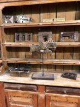 AN INDIAN WOODEN HORSE SCULPTURE, FRAMES BOXES TOGETHER WITH TWO AFRICAN WOODEN MASKS