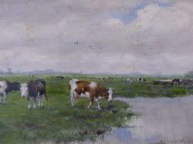 ADRIANUS JOHANNES GROENEWEGEN (1874-1964) DUTCH, CATTLE IN WATER MEADOWS WITH WINDMILLS BEYOND,