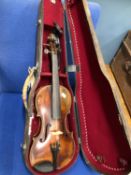 A CASED UNLABELLED VIOLIN, THE OVERALL LENGTH. 59cms.