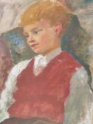 ATTRIBUTED TO BERNARD DUNSTAN (1920-2017) ARR. PORTRAIT STUDY OF A BOY. OIL ON CANVAS LAID ON BOARD.
