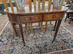 A BRASS INLAID MAHOGANY TWO DRAWER SERVING TABLE ON FOUR SQUARE SECTIONED LEGS TAPERING TO SPADE