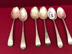 SIX VARIOUS GEORGE III SILVER OLD ENGLISH PATTERN TABLE SPOONS. 379Gms.