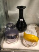 TWO STUDIO GLASS EGG FORMS TOGETHER WITH A STRIPED PURPLE GLASS VASE