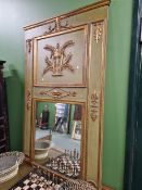 A FRENCH NEO CLASSICAL STYLE RECTANGULAR MIRROR BELOW TWO PANELS OF GILT RELIEF URNS, THE GREEN
