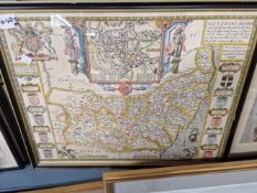 AN EARLY ANTIQUE HAND COLOURED MAP OF SUFFOLK AFTER JOHN SPEEDE. 40 x 51cms