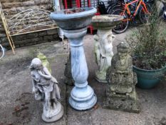 A GARDEN BIRD BATH WITH THREE GRACES SUPPORT, ANOTHER COMPOSITE BIRD BATH, TWO ORIENTAL STYLE
