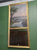 AN ANTIQUE FRENCH TRUMEAU GILT FRAMED RECTANGULAR MIRROR MOUNTED BELOW AN OIL ON CANVAS SCENE OF