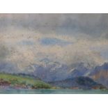 CONTINENTAL SCHOOL (EARLY 20th CENTURY), ALPINE SCENE WITH VILLAGE BY A LAKE, WATERCOLOUR, 34.5 X