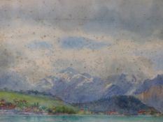 CONTINENTAL SCHOOL (EARLY 20th CENTURY), ALPINE SCENE WITH VILLAGE BY A LAKE, WATERCOLOUR, 34.5 X