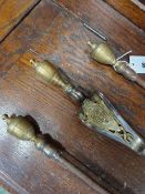 A SET OF THREE 19th C. STEEL FIRE IRONS MOUNTED IN BRASS WITH FOLIAGE AND MASKS BELOW THE URN AND