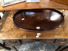 A ROSE INLAID MAHOGANY OVAL GALLERIED TRAY WITH TWO BRASS HANDLES