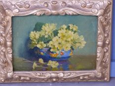 GUY LIPSCOMBE (1881-1952), STILL LIFE OF PRIMROSES IN A BOWL, SIGNED, OIL ON BOARD, 22 X 16cm.