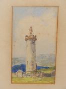 ENGLISH SCHOOL (19th CENTURY), TOWER WITH STATUE ON TOP IN A MOUNTAINOUS LANDSCAPE, INDISTINCTLY