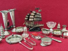MISCELLANEOUS SILVER: TO INCLUDE: FOUR SALTS, TWO SUGAR TONGS, A PAIR OF SPECIMEN VASES AND A