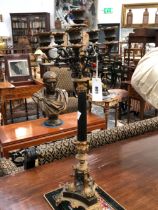 A PAIR OF LATE 19th C. STONE, ORMOLU AND BRONZE SIX LIGHT CANDELABRA, THE BLACK STONE GUN BARREL