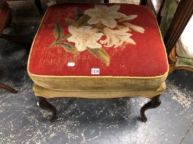 A 19th C. MAHOGANY STOOL WITH CABRIOLE LEGS, THE CUSHION SEAT SEWN WITH LILIES ON A RED GROUND