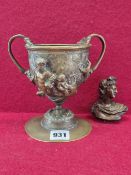 A LATE 19th CENTURY GRAND TOUR BRONZE BUST OF A CLASSICAL FIGURE TOGETHER WITH A CAST BRONZE CHALICE