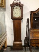 AN OAK LONG CASED CLOCK BY WHENHAM OF DEREHAM, A BIRD AND FLOWERS PAINTED IN THE ARCH OF THE DIAL. H