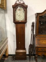 AN OAK LONG CASED CLOCK BY WHENHAM OF DEREHAM, A BIRD AND FLOWERS PAINTED IN THE ARCH OF THE DIAL. H