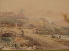MANNER OF DAVID COX, FIGURES IN A RURAL SCENE BY A BRIDGE OVER A RIVER, BEARS SIGNATURE AND DATE