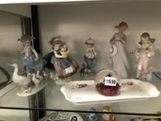 SIX LLADRO FIGURES AND A CAITHNESS PAPERWEIGHT AND A SANDWICH DISH