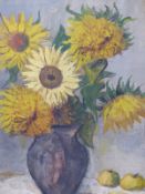 CONTINENTAL SCHOOL (LATE 19th/EARLY 20th CENTURY), STILL LIFE OF SUNFLOWERS IN A JUG, AND APPLES,