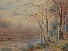 ENGLISH SCHOOL (LATE 19th/EARLY 20th CENTURY), WOODED RIVER LANDSCAPE, WATERCOLOUR, 48 X 32.5cm.