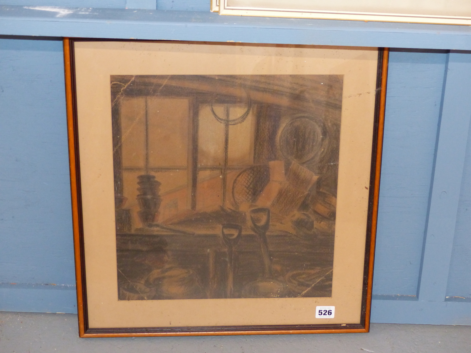 BRITISH SCHOOL (20th CENTURY), TOOLS IN A GARDEN SHED, CHARCOAL AND PASTELS, 34.5 X 37cm. - Image 2 of 4