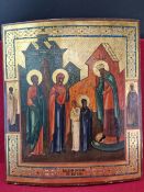 A RUSSIAN ICON PAINTED WITH SAINTS BEING GREETED AT THE DOORS OF A TEMPLE. 36 x 31cms.