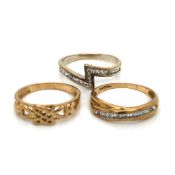 THREE 9ct HALLMARKED GOLD RINGS. TWO ETERNITY STYLE RINGS SET WITH CZ STONES AND THE OTHER A