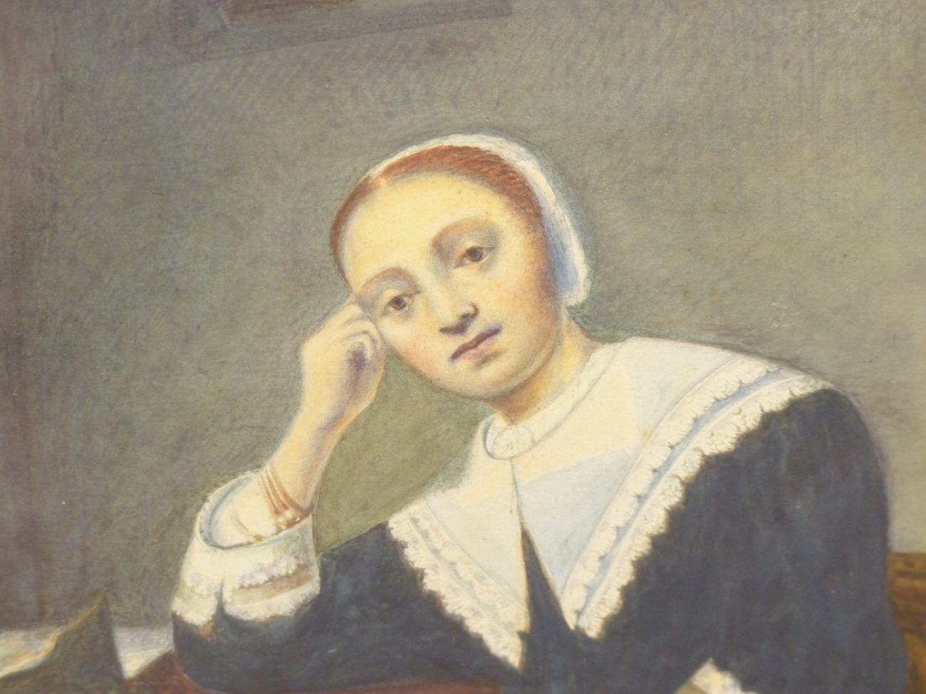 CONTINENTAL SCHOOL (19th CENTURY), YOUNG GIRL IN AN INTERIOR, WATERCOLOUR, 48 X 59.5cm. - Image 7 of 9