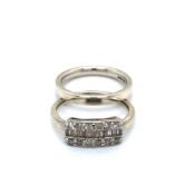 A HALLMARKED 9ct WHITE GOLD DIAMOND BAGUETTE RING. WEIGHT 1.74grms, TOGETHER WITH A 9ct WHITE GOLD