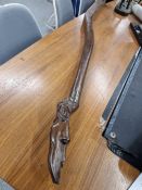 A SHIPS TILLER HANDLE WITH A GREYHOUNDS HEAD AT THE HANDLE END. 158cms.