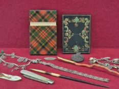 A TARTAN WARE AND ANOTHER CARD CASE, TWO CHARM BRACELETS, A FILIGREE BRACELET. A PENKNIFE WITH A