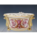 A 19th C. DERBY BOUGH POT AND PIERCED COVER WITH GILT FRAMED RINCEAU RESERVES, MARKED IN RED