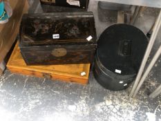 AN EASTERN LACQUER BOX, A HAT BOX AND ONE OTHER