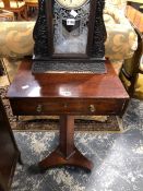 A 19th C. MAHOGANY SINGLE DRAWER SIDE TABLE WITH A SQUARE SECTIONED COLUMN ON A TRIPARTITE PLINTH