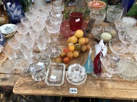 VARIOUS CUT GLASS AND COLOURED GLASS DRINKING AND ORNAMENTAL WARES