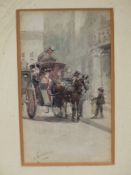 ALBERT LUDOVICI (1832-1932), LONDON SCENE WITH HANSOM CAB, SIGNED, WATERCOLOUR, 6 X 12cm., AND