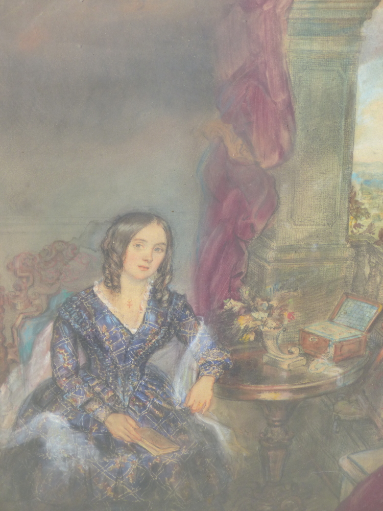 ENGLISH SCHOOL 19TH CENTURY. A PAIR OF PORTRAITS OF YOUNG LADY AND GENTLEMAN IN INTERIORS WITH - Image 3 of 4