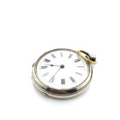 A FINE SILVER OPEN FACE FOB WATCH. UNMARKED, SIGNED INSIDE COVER FINE SILVER. CASE DIAMETER 37mm.