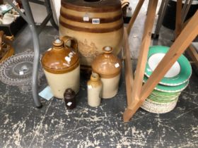 A LARGE VICTORIAN STONE WARE BARRELS, TWO FLAGON'S, OTHER BOTTLES AND VICTORIAN PLATES.
