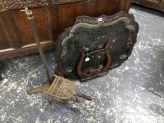 A ROSEWOOD LYRE TOPPED BRASS MUSIC STAND, A BRASS TRIVET, A TROUSER PRESS AND A PAPIER MACHE TRAY