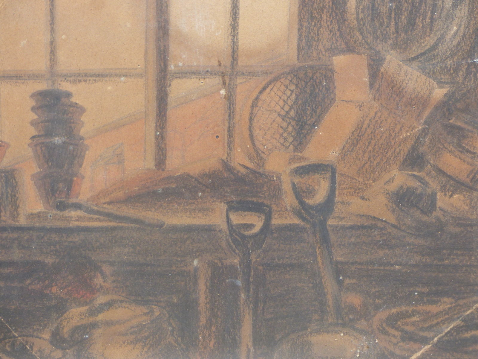 BRITISH SCHOOL (20th CENTURY), TOOLS IN A GARDEN SHED, CHARCOAL AND PASTELS, 34.5 X 37cm.