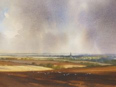 COLIN TUFFREY (B.1939), ARR, EXTENSIVE OXFORDSHIRE LANDSCAPE, WITH BURFORD CHURCH IN DISTANCE SIGNED