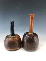 A LIGNUM VITAE SCULPTORS MALLET OR MASON MAUL AND ANOTHER MALLET INSET WITH A METAL PRESENTATION