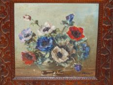 ARNAUD (EARLY 20th CENTURY) BRITISH SCHOOL, ANEMONES IN A BOWL, SIGNED (TWICE), OIL ON BOARD, 16.5 X