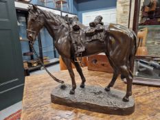 AN ANTIQUE  SIGNED CARL KAUBA BRONZE FIGURE OF THE TETHERED HORSE SADDLED UP WITH THE RIDERS KIT AND