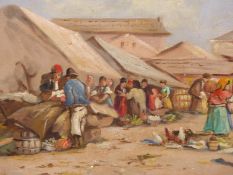 SPANISH SCHOOL (EARLY 20th CENTURY), FIGURES AND CHICKENS IN A MARKET PLACE, INDISTINCTLY SIGNED,