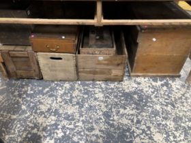 AN ANTIQUE PINE LIFT TOP BOX VARIOUS CRATES ETC